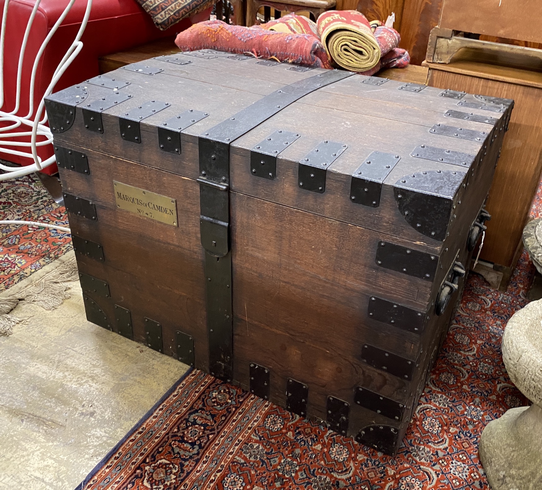 A Victorian iron bound oak silver chest, the brass plaque engraved Marquis of Camden No. 7, width 86cm, depth 61cm, height 64cm